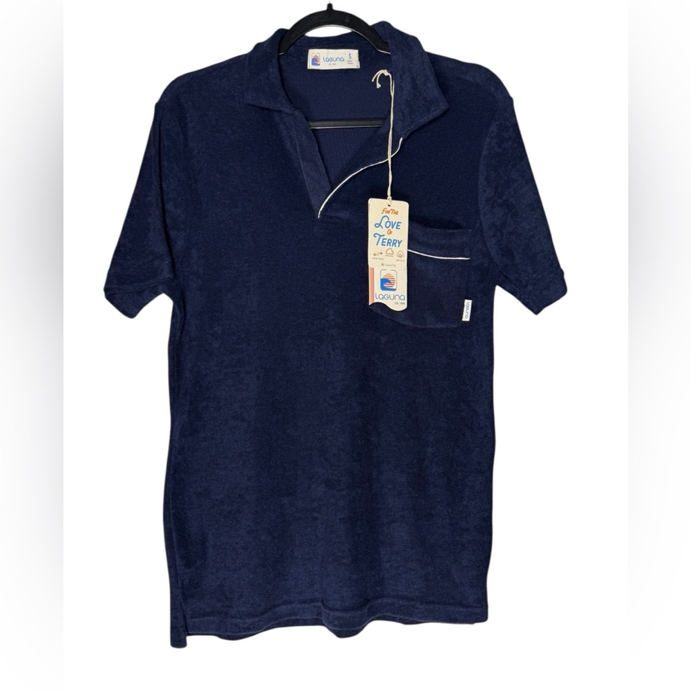 Laguna Terry Cloth Polo Shirt Men’s Sz Small Navy Blue Pocket Resort Summer NEW